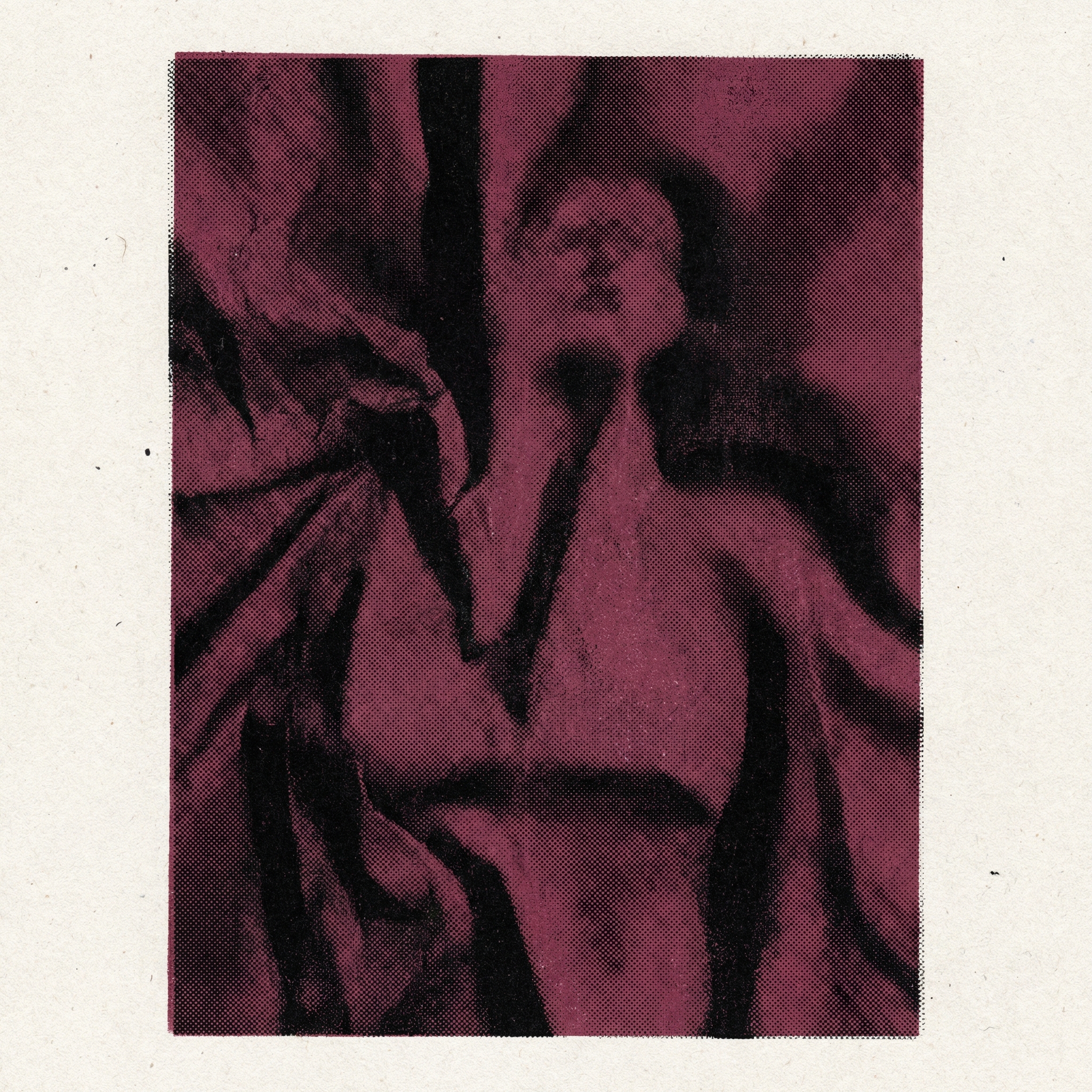 Distressed-paper pop-art figure in dark red and black tones &mdash; dissolved silhouette with arms raised, cruciform