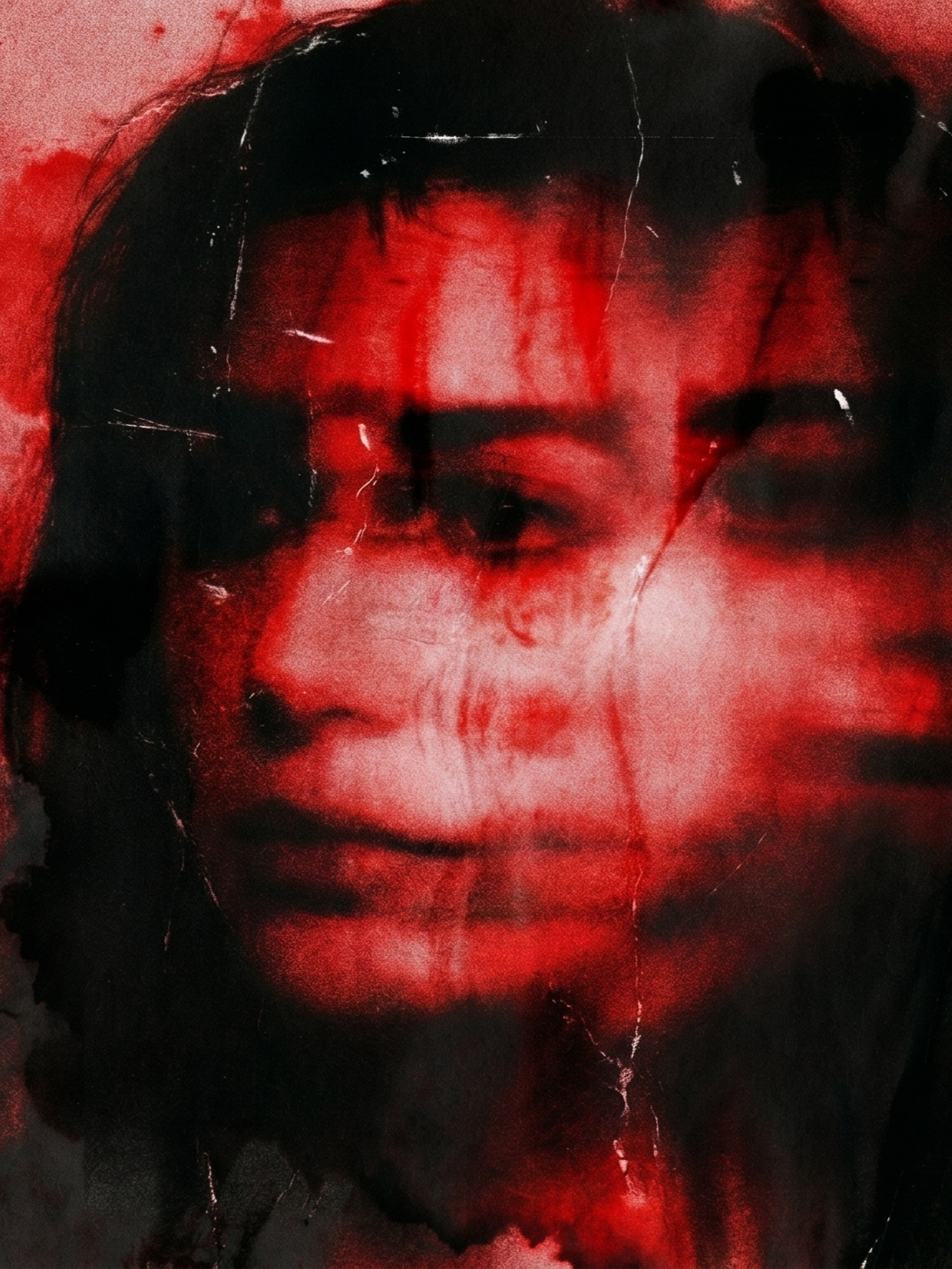 Malgr&eacute; Tout cover &mdash; a single dissolved face in red and black, distressed paper texture