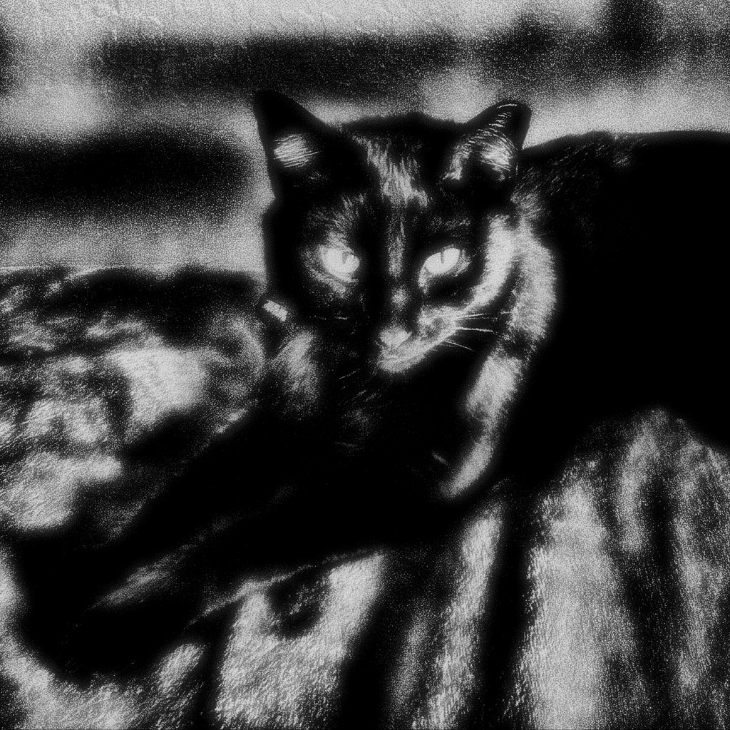 W&ndash;HOLE album cover &mdash; high-contrast black-and-white photograph of a cat named Mr Grey